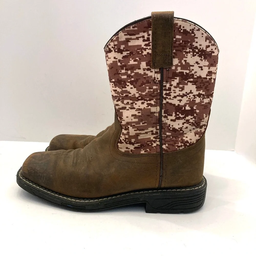 Old West Cowboy Boots Youth Boys Sz 3.5 Digitial Camo Brown Leather Square Toe